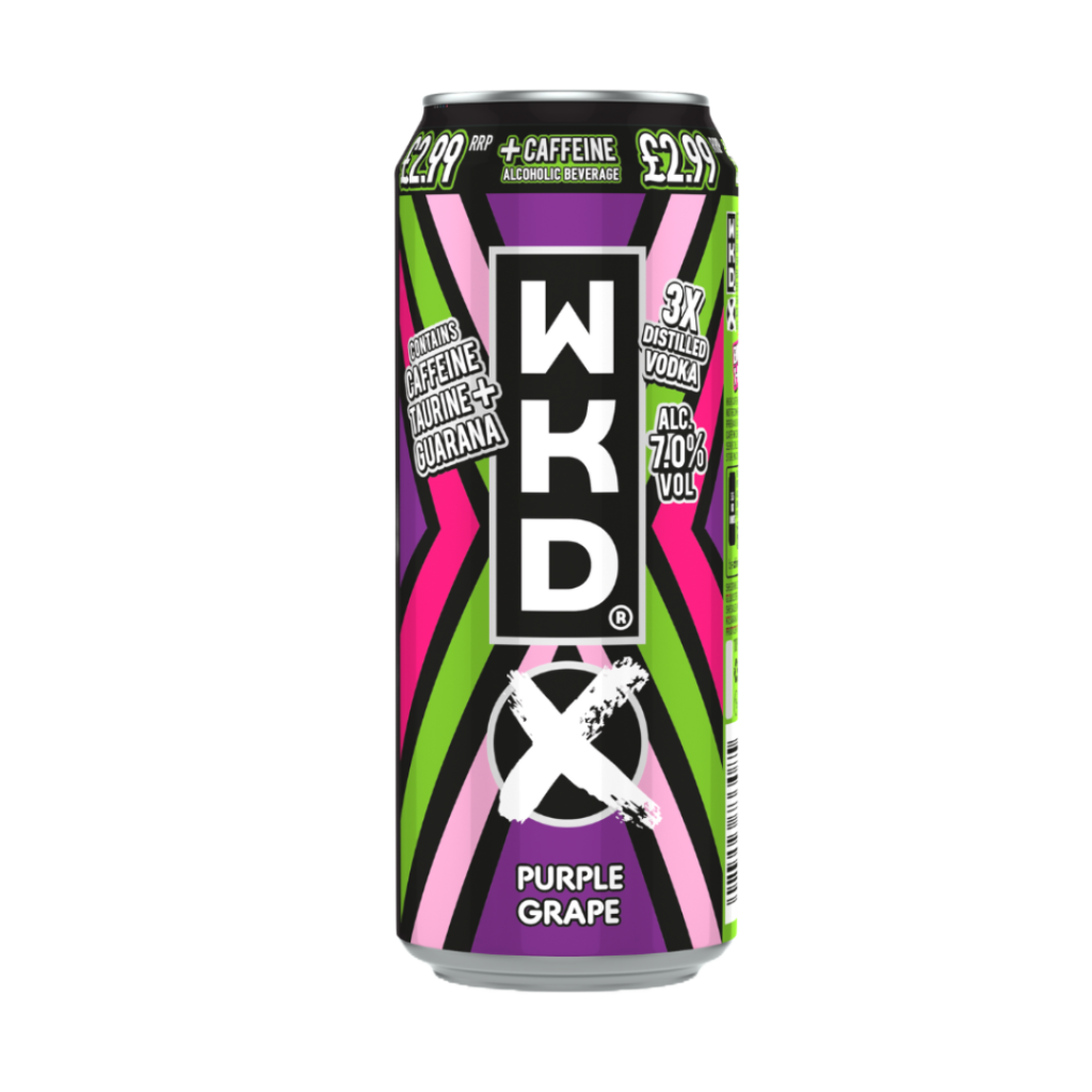 A 500ml bottle of WKD X Purple Grape alcopop with a purple label and silver cap, featuring a grape graphic and WKD logo.