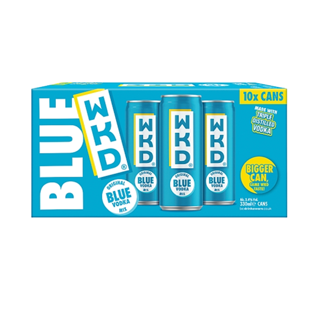 A pack of ten blue WKD vodka cans, featuring a bright blue design with the brand name prominently displayed.