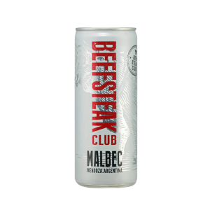 A 250ml can of Beefsteak Malbec wine, featuring a red label with a steak illustration and bold white text.