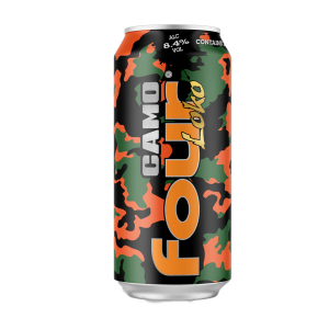 A 440ml can of Four Loko Camo, featuring a camouflage pattern in shades of green, brown, and black with bold white branding.