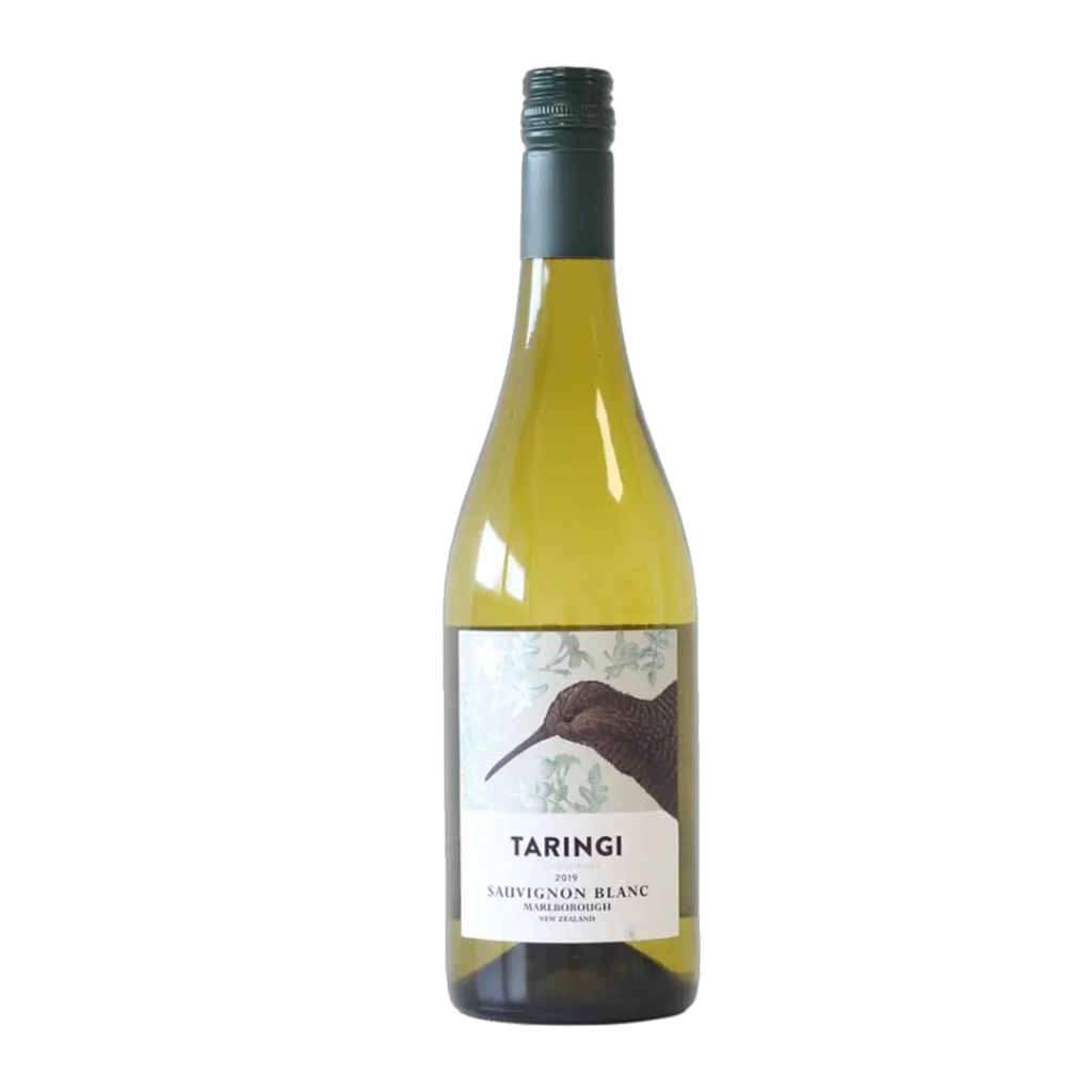 A bottle of Taringi Sauvignon Blanc wine with a green label featuring a kiwi bird illustration.