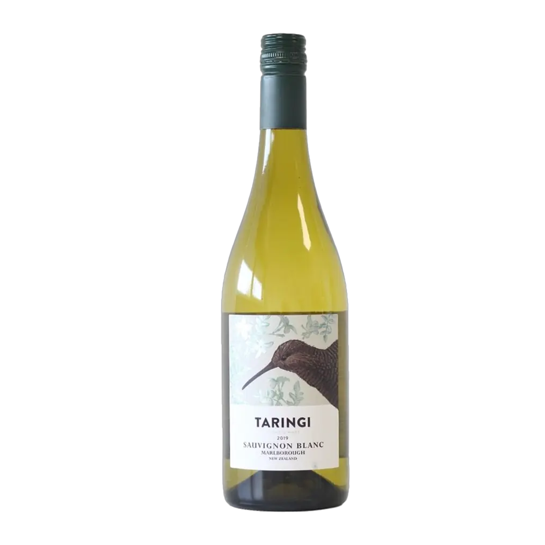 A bottle of Taringi Sauvignon Blanc wine with a green label featuring a kiwi bird illustration.