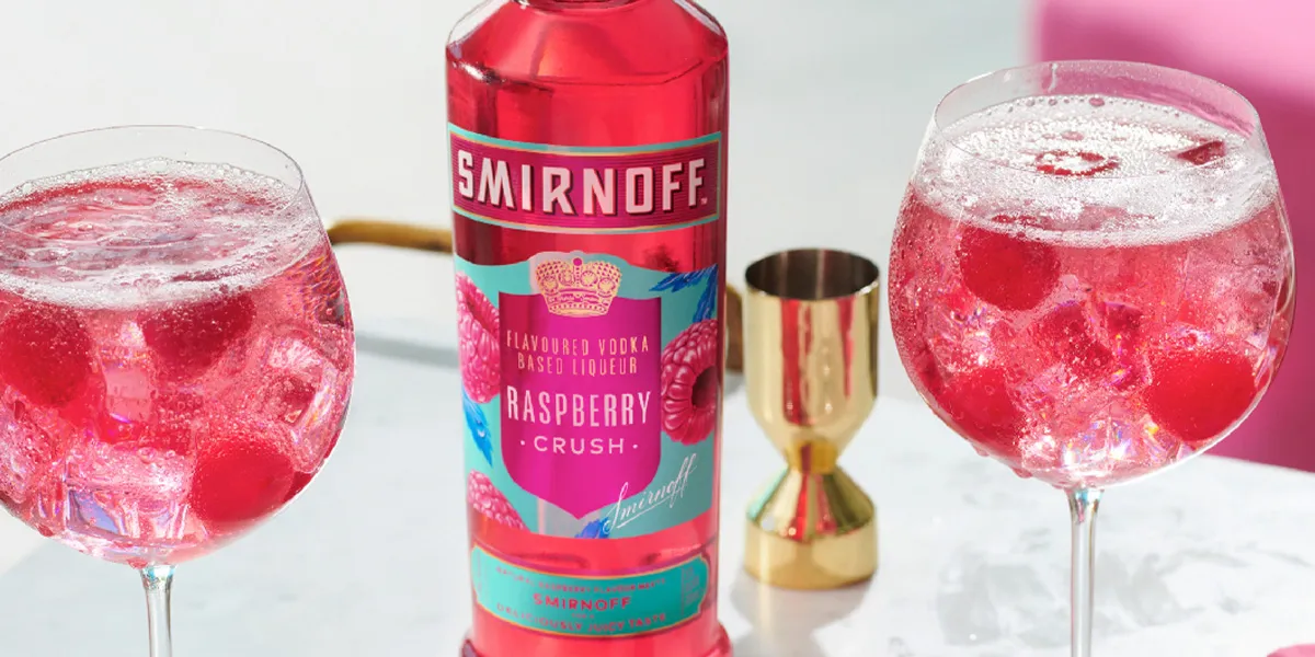 Smirnoff Raspberry Crush with sparkling serves and fresh raspberries, part of Bargain Booze’s Flavour Fest Drinks Deals.