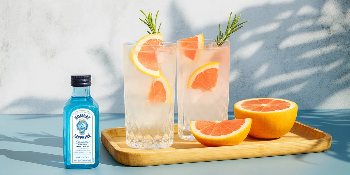 Bombay Sapphire mini gin bottle with grapefruit and rosemary serves, part of the Bargain Booze Flavour Fest Drinks Deals.