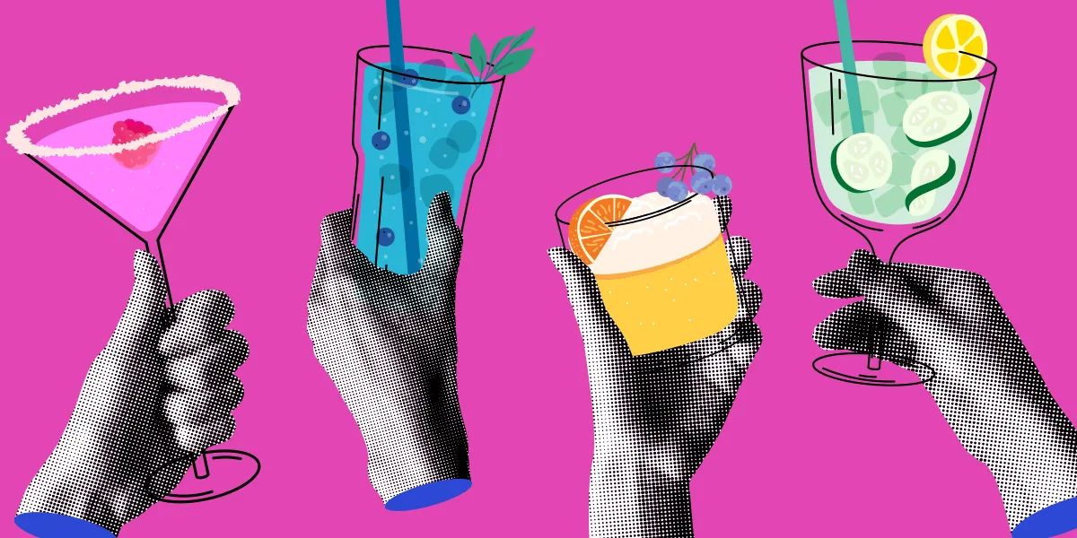Illustrated cocktails in vibrant colours representing Bargain Booze’s Flavour Fest Drinks Deals.