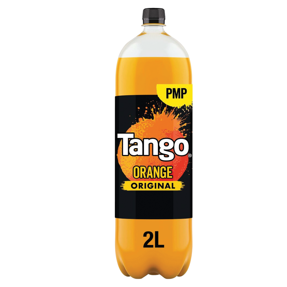 A 2-litre plastic bottle of Tango Orange soft drink with orange branding and a black cap, placed on a white background.