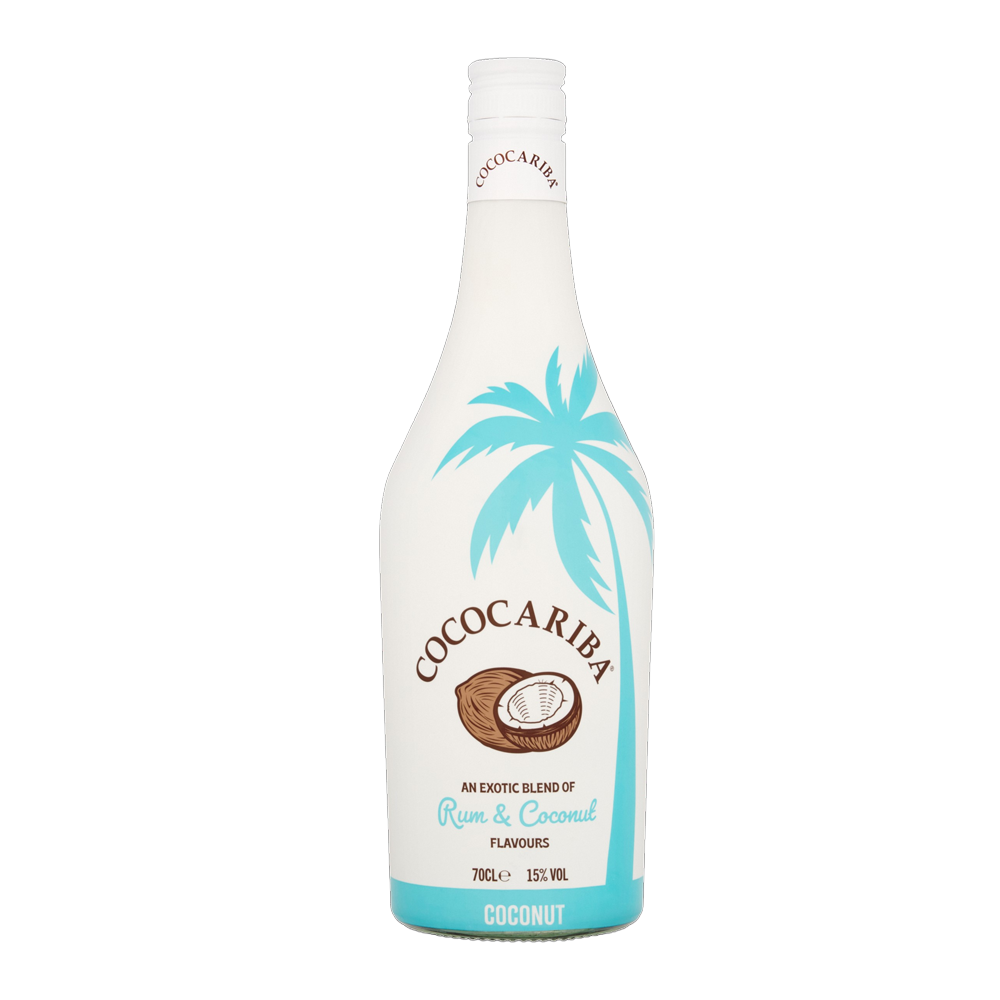 A 70cl bottle of Cococariba Coconut Liqueur with a white label, blue and gold accents, and an image of a coconut on the front.