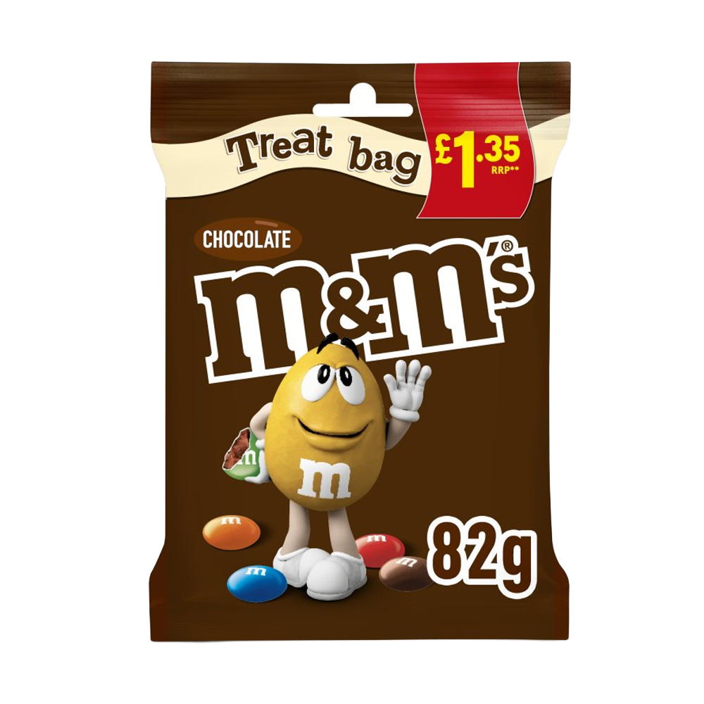 A colourful 82g bag of M&M's chocolates, featuring the red M&M character and displaying the 'M' logo prominently.