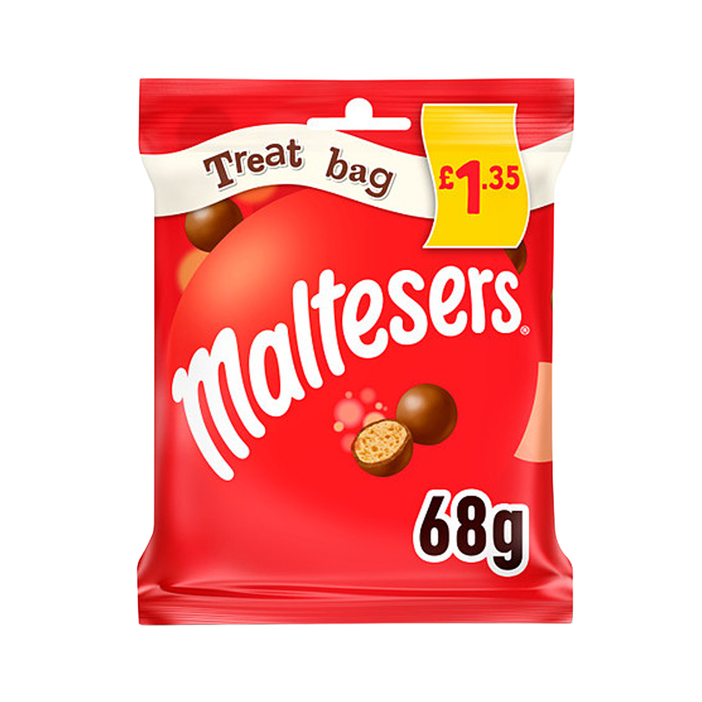 Image of a 68g Maltesers Treat Bag featuring the iconic red packaging with white Maltesers logo and chocolate malt balls graphic.
