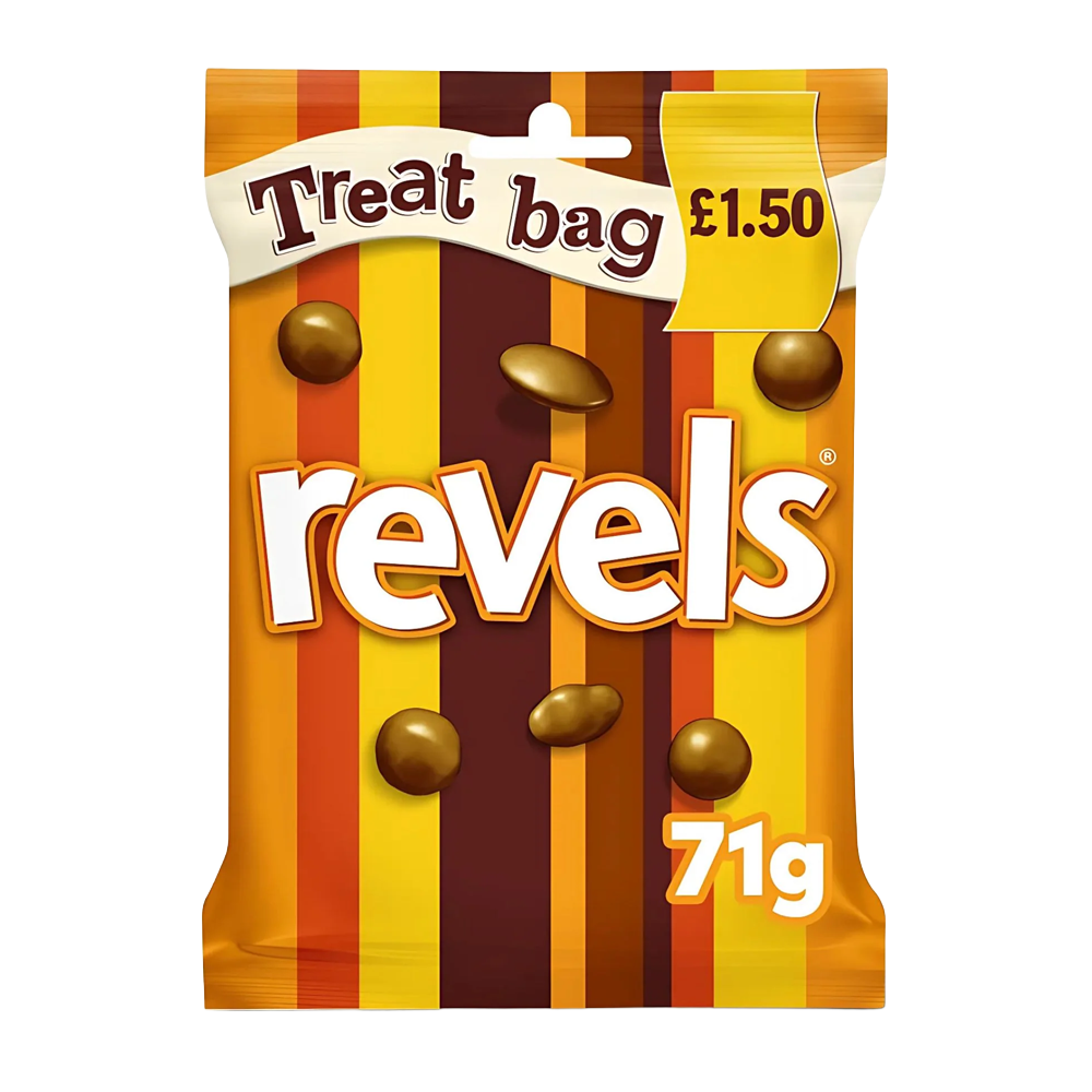 A 71g Revels treat bag featuring an assortment of chocolate-coated sweets in an orange and brown packaging.