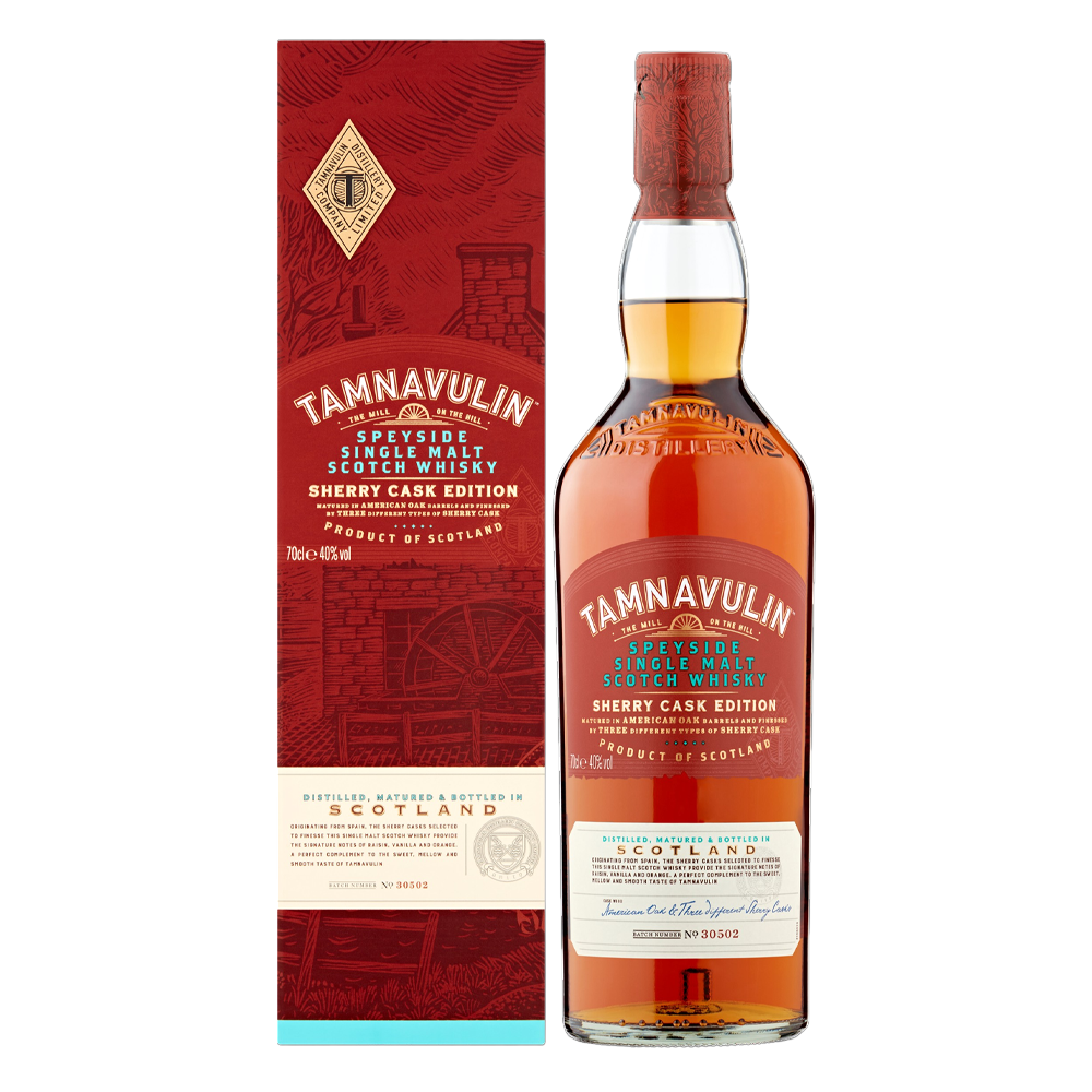 A bottle of Tamnavulin Sherry Cask whisky, 70cl, with a golden amber liquid, set against a plain background.