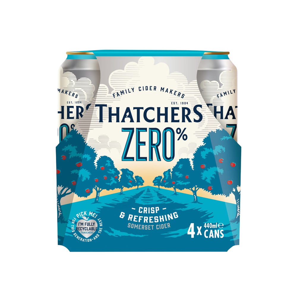 Four cans of Thatchers Zero cider, each 440ml, with blue and green branding, arranged in a 2x2 formation.