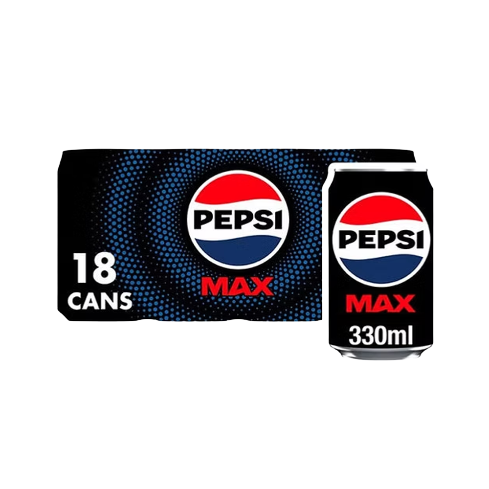 Pack of 18 Pepsi Max cans, each 330ml, with blue and black branding, displayed in a cardboard tray.