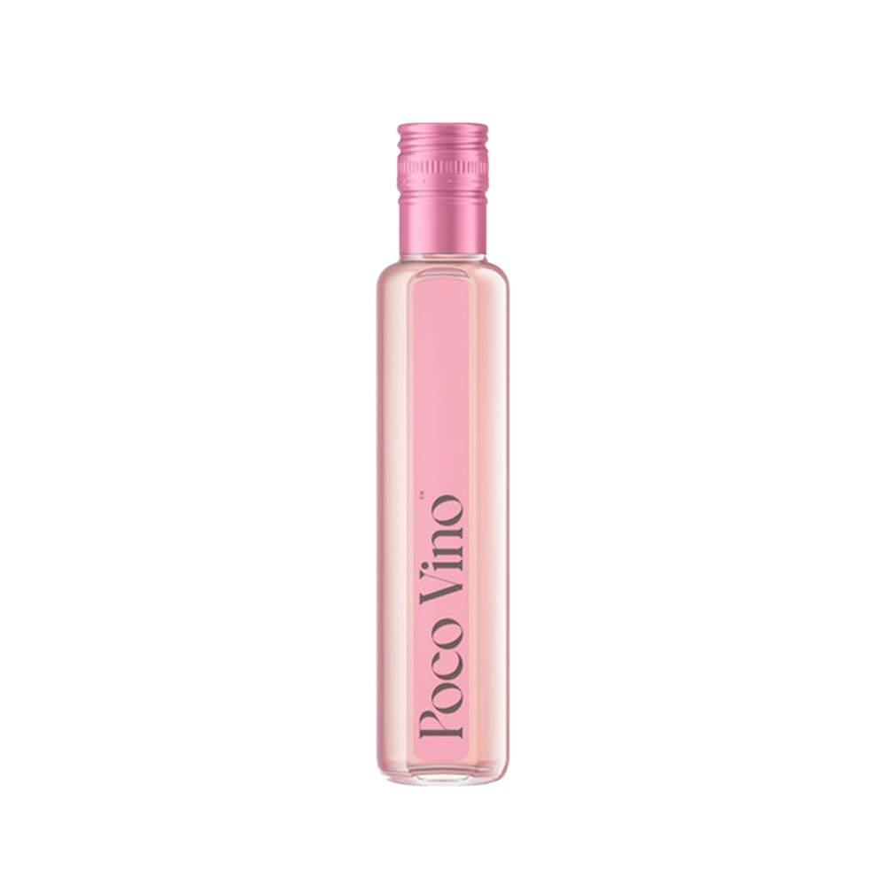 A 187ml bottle of Poco Vino Rose wine with a pink label featuring the brand logo and floral design.
