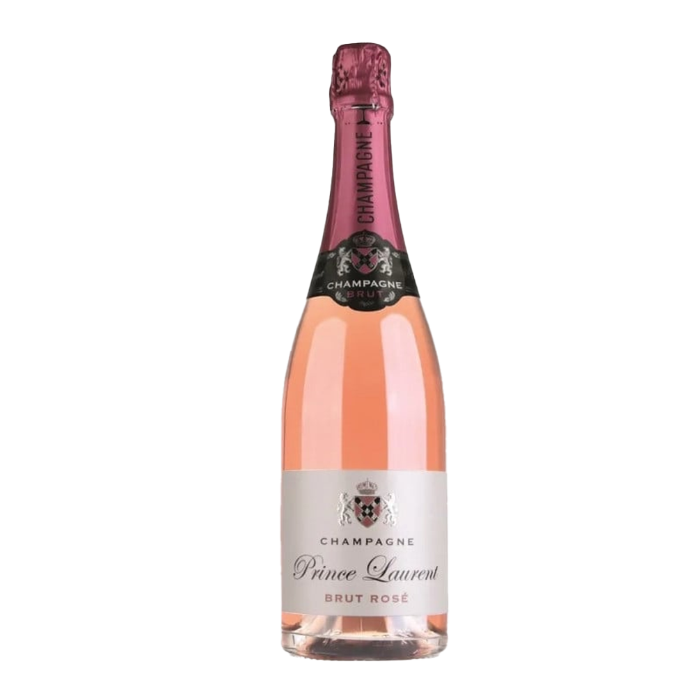 A 75cl bottle of Prince Laurent Champagne Brut Rosé with a pink label, gold foil on the neck, and a branded crest.