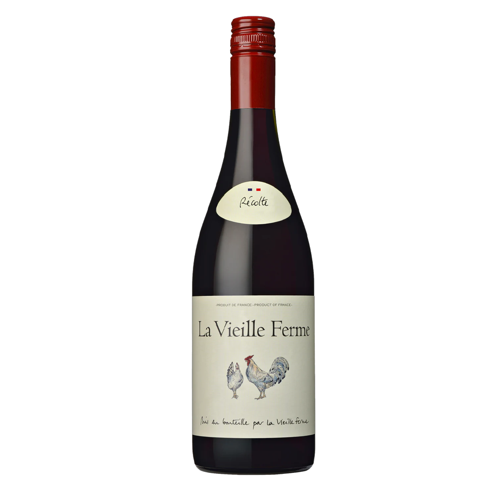 A 75cl bottle of La Vieille Ferme Vin De France red wine, featuring a beige label with a rooster illustration and black cap.
