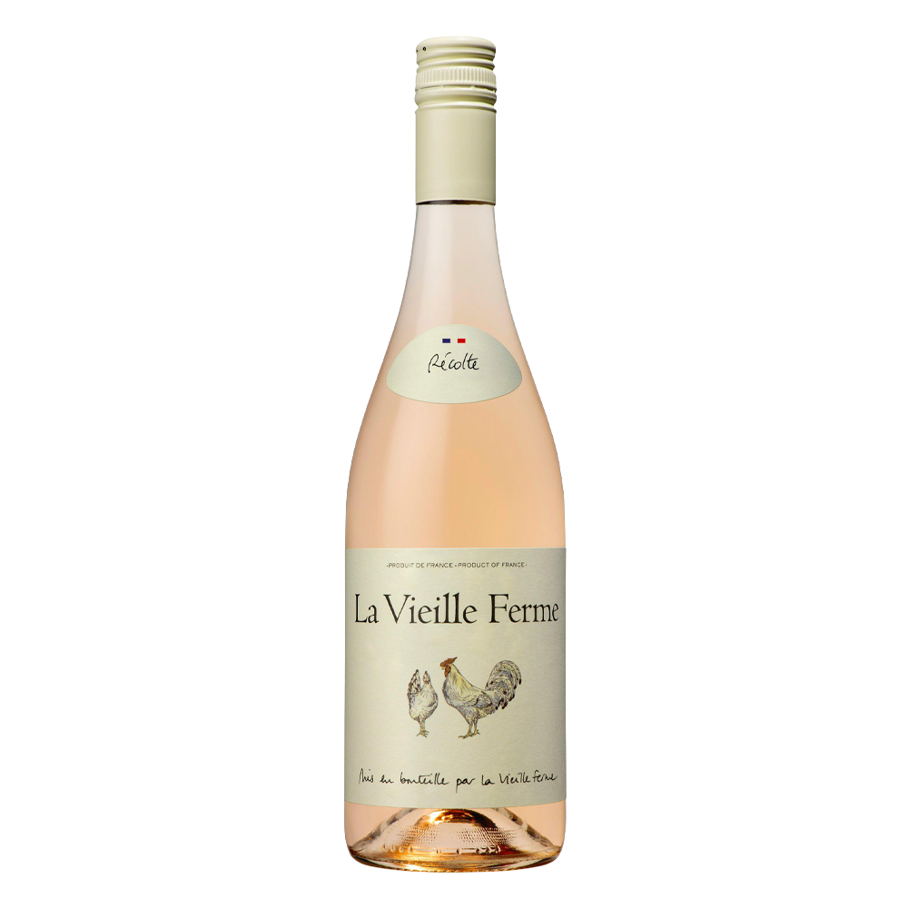 Bottle of La Vieille Ferme Vin De France Rosé wine, 75cl, with a pink label featuring a chicken illustration and a screw cap.