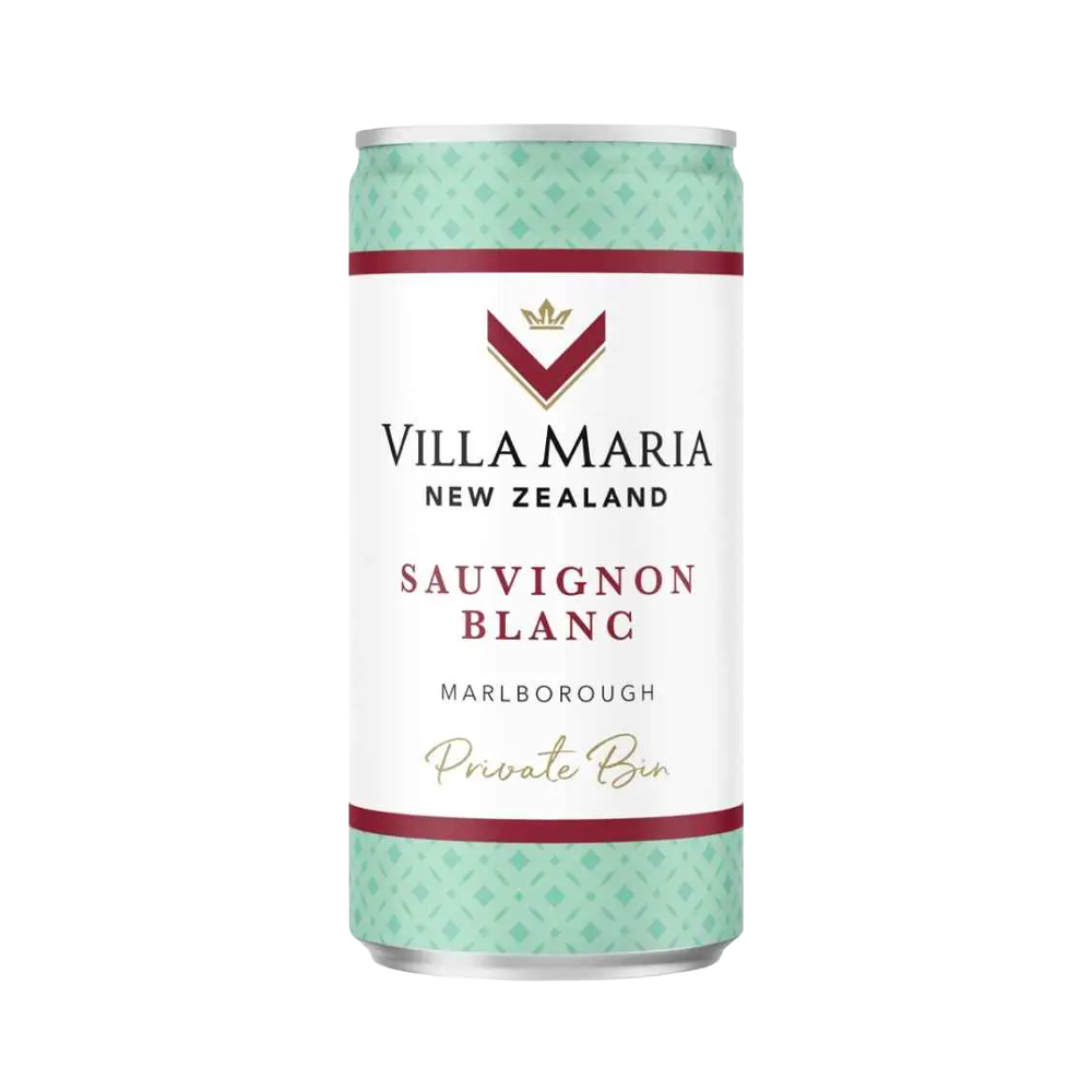 A 200ml can of Villa Maria Sauvignon Blanc wine, featuring a white label with the brand logo and grapevine illustrations.