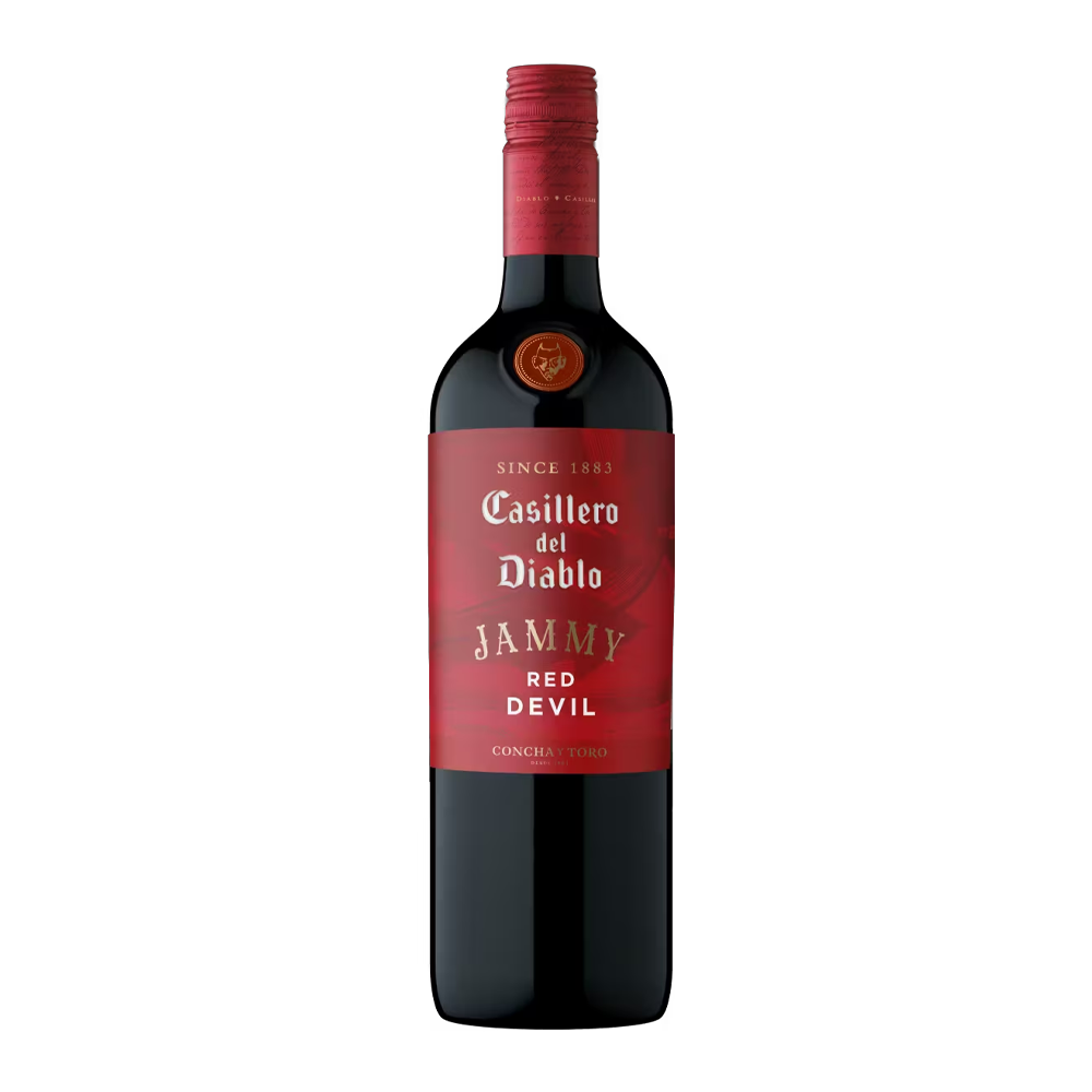 Bottle of Casillero Del Diablo Jammy Red Devil wine, 75cl. Dark glass with a red label featuring a devil logo.