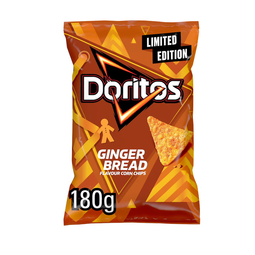 A 180g bag of Doritos Gingerbread flavoured tortilla chips with a festive-themed packaging featuring gingerbread men.