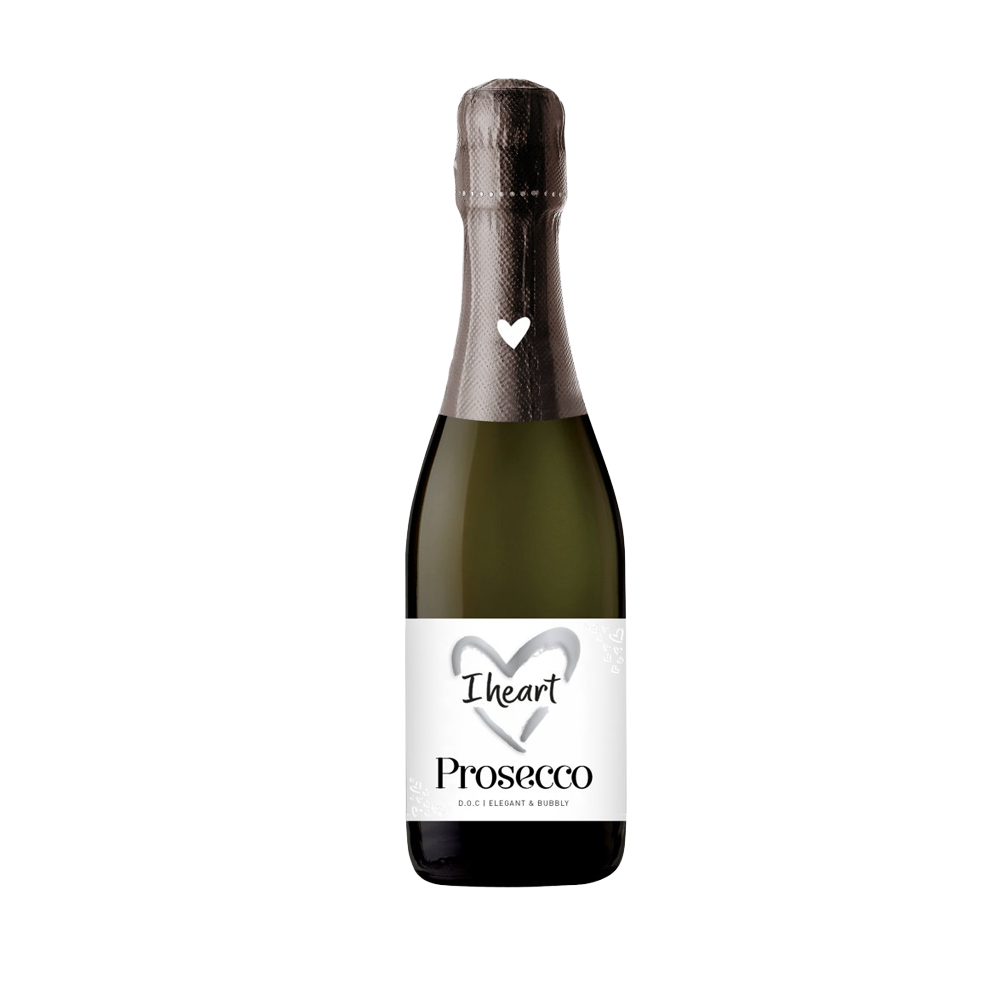 A 20cl clear glass bottle of prosecco with a gold foil neck and a label featuring a heart design and the text "I Heart Prosecco".