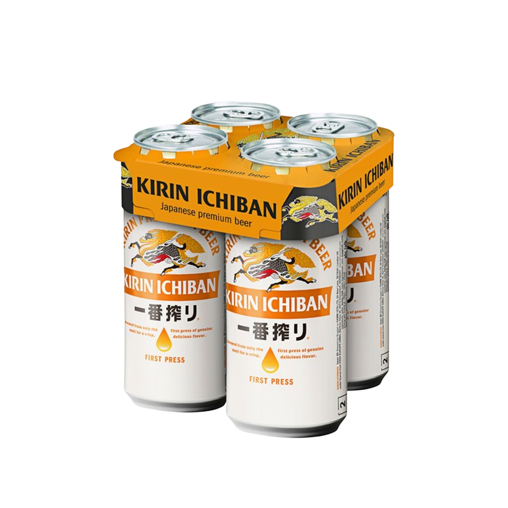 Four 440ml cans of Kirin Ichiban beer, featuring gold and white labels with a dragon logo, arranged in a cardboard pack.