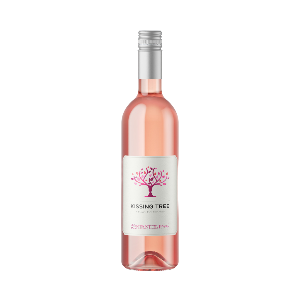 A 75cl bottle of Kissing Tree Rosé Zinfandel wine with a pink label featuring a tree silhouette and a screw cap.