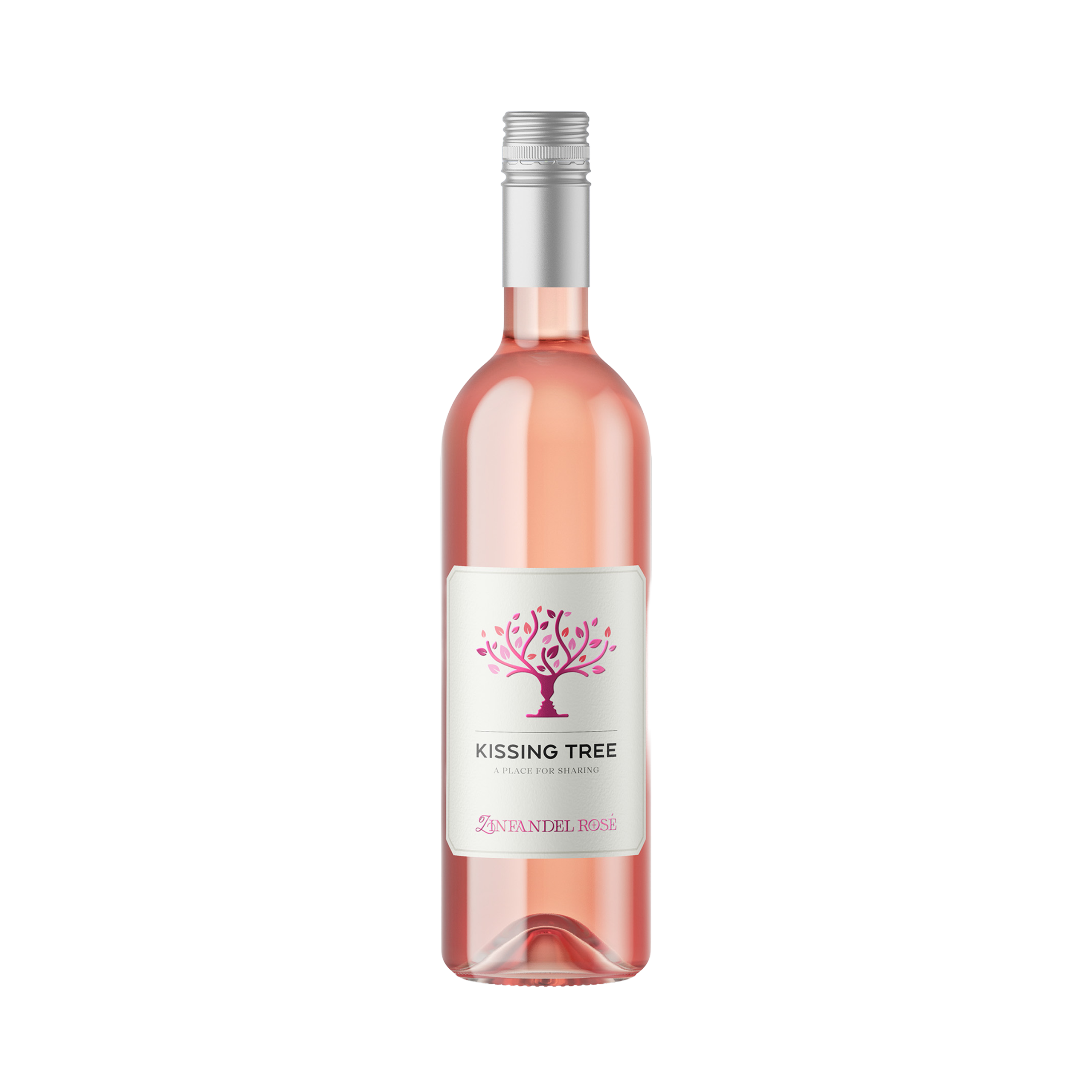 A 75cl bottle of Kissing Tree Rosé Zinfandel wine with a pink label featuring a tree silhouette and a screw cap.
