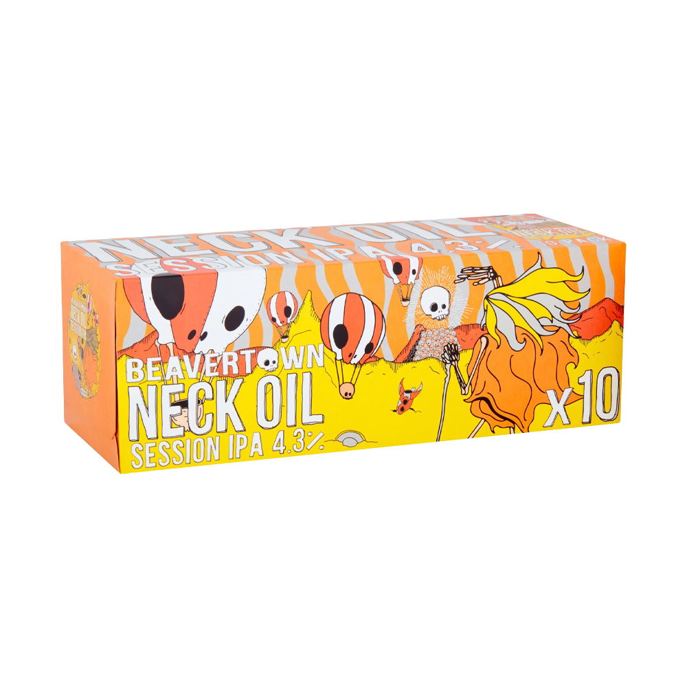 A stack of ten 330ml cans of Beavertown Neck Oil Session IPA, featuring colourful, cartoon-style packaging with a skull motif.