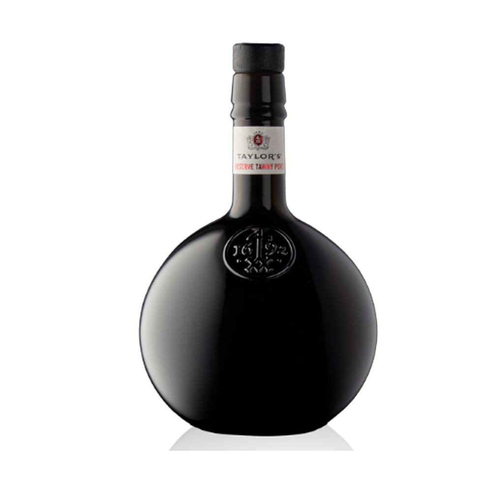 Bottle of Taylor Historic Collection Reserve Tawny Port with a black label featuring gold text, on a plain white background.