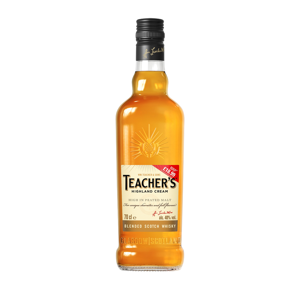 Bottle of Teacher's Blended Scotch Whisky, 70cl, with a gold cap and a label featuring a crest design on a white background.
