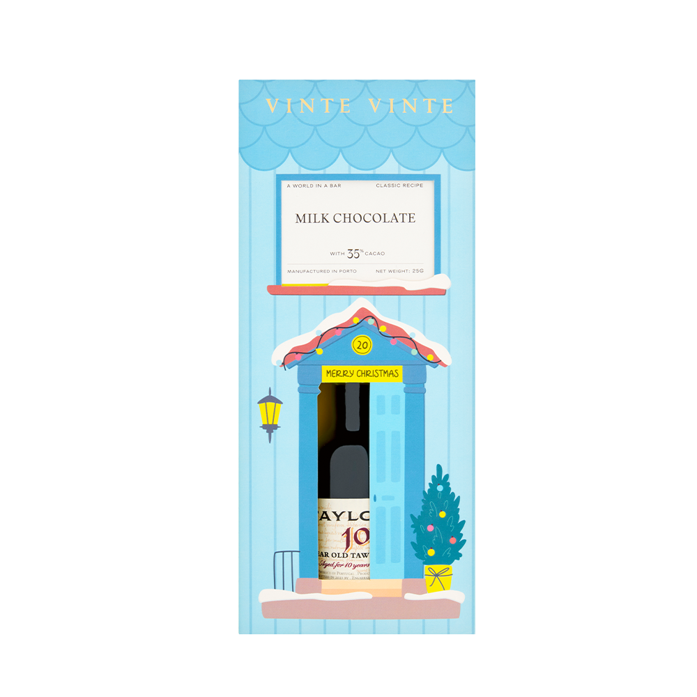 Taylors Vinte Chocolate & Port Tasting Pack with a bottle of port and assorted chocolate pieces in a decorative box.