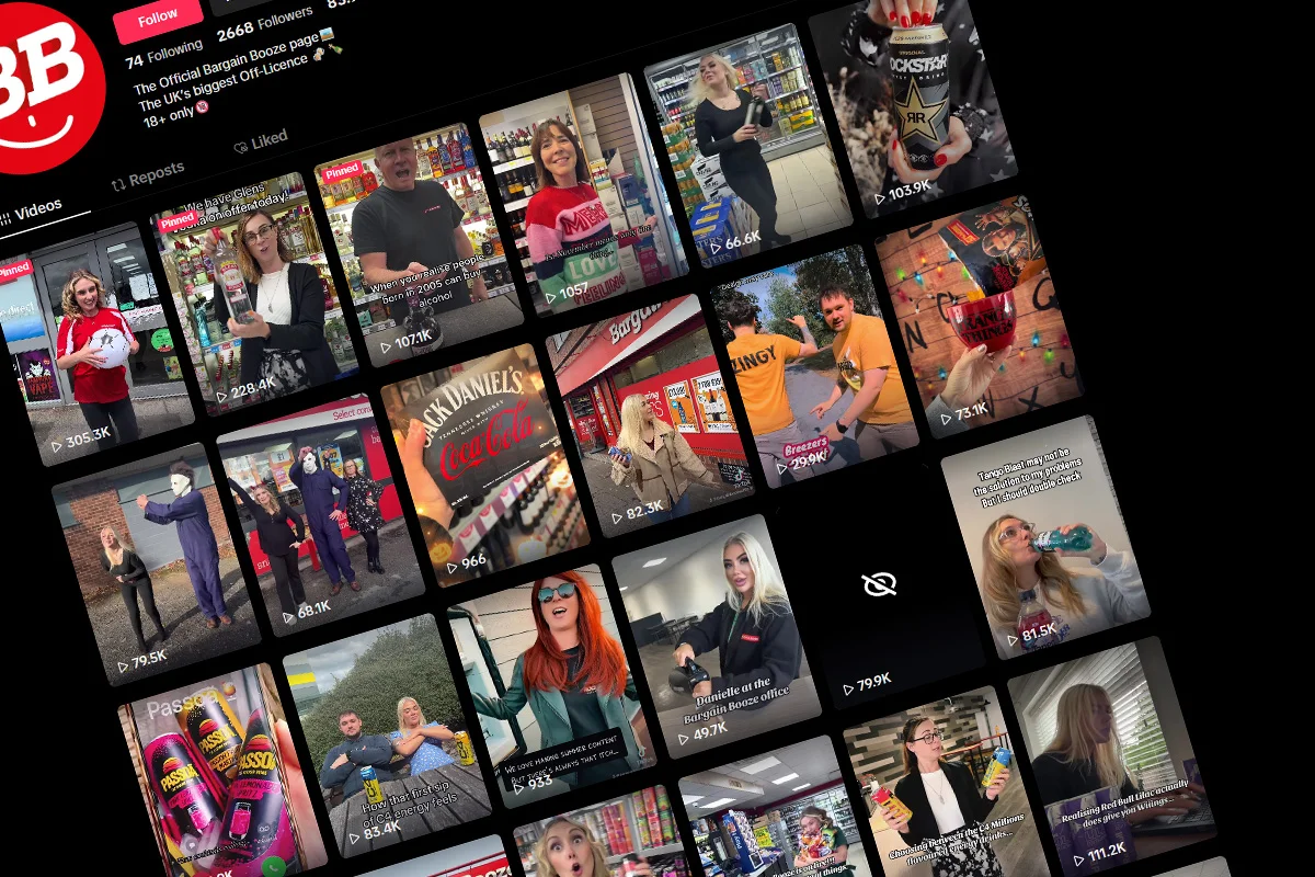 Screenshot of Bargain Booze’s TikTok Booze Bar videos featuring cocktails, festive drinks and behind-the-scenes fun promoting early Christmas drinks deals and festive gifting.