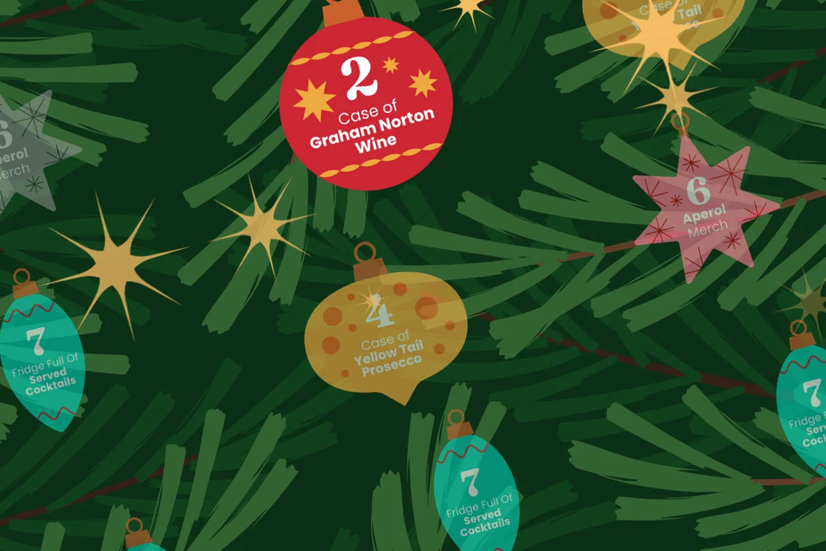 Illustrated Christmas tree with festive baubles and prizes, promoting early Christmas drinks deals and festive gifting in Bargain Booze’s 12 Days of Christmas campaign.