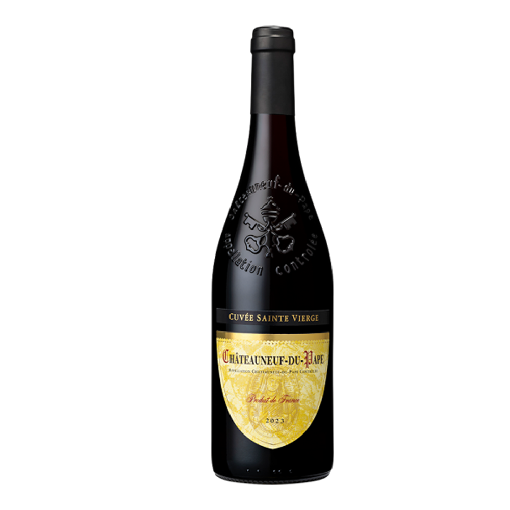 Bottle of Cuvee Sainte Vierge Châteauneuf Du Pape red wine, 75cl, with a white label and gold foil at the neck.
