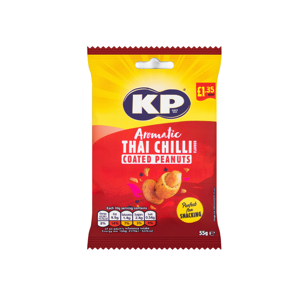 Packet of KP Thai Chilli Nuts, 55g, with vibrant red and yellow packaging featuring chilli and nut graphics.