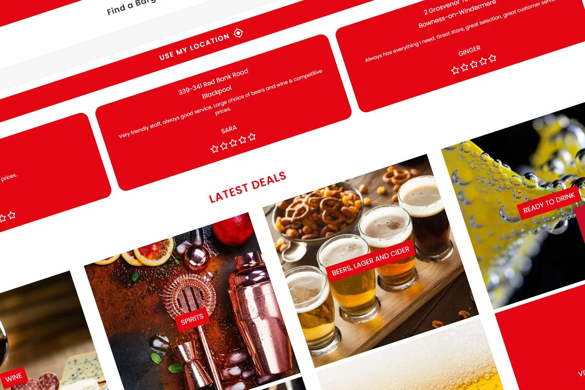 Bargain Booze website showing store reviews and latest offers, encouraging customers to share feedback and explore early Christmas drinks deals and festive gifting.
