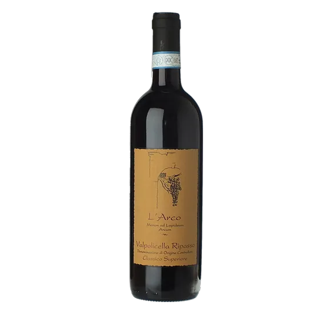 Bottle of Arco Valpolicella Ripasso red wine, 75cl, with a dark label featuring gold and red accents, placed on a white background.