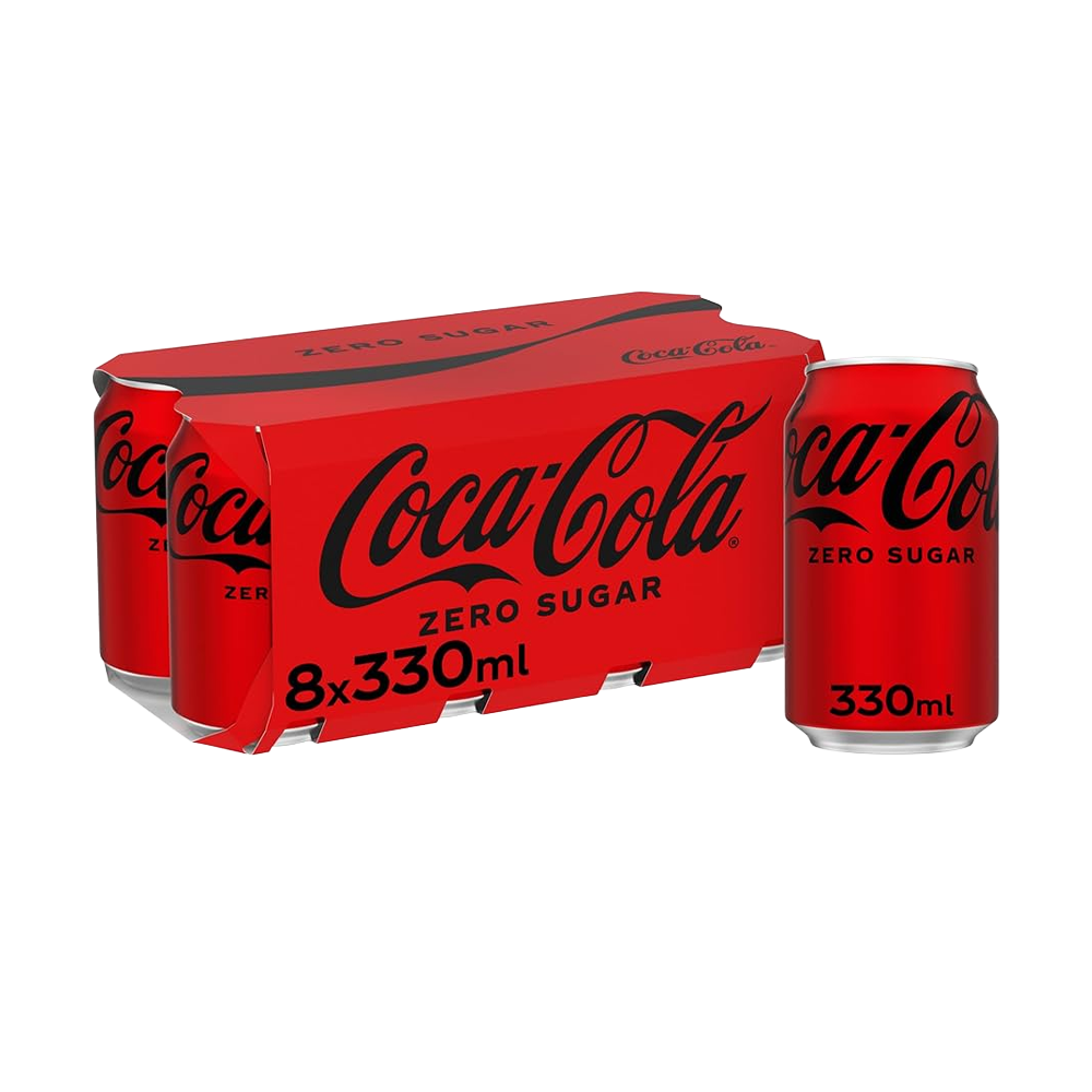 Pack of eight 330ml Coke Zero cans, stacked in two rows, wrapped in clear plastic packaging with red and black branding.