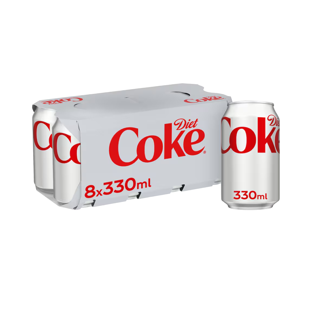 Pack of eight 330ml cans of Diet Coke, arranged in two rows of four, with silver and red branding.