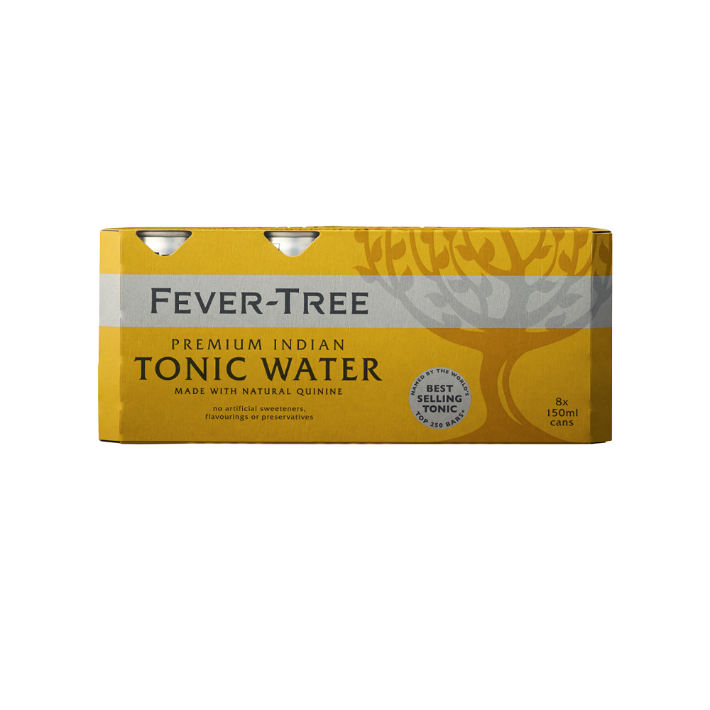 8-pack of 150ml Fever Tree Tonic Water bottles, arranged in two rows, with green labels and silver caps.