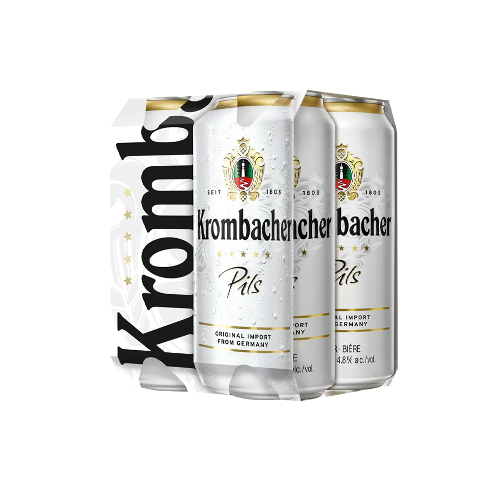 Four 500ml cans of Krombacher Pils beer, packaged together with a green and white label featuring the brand logo.