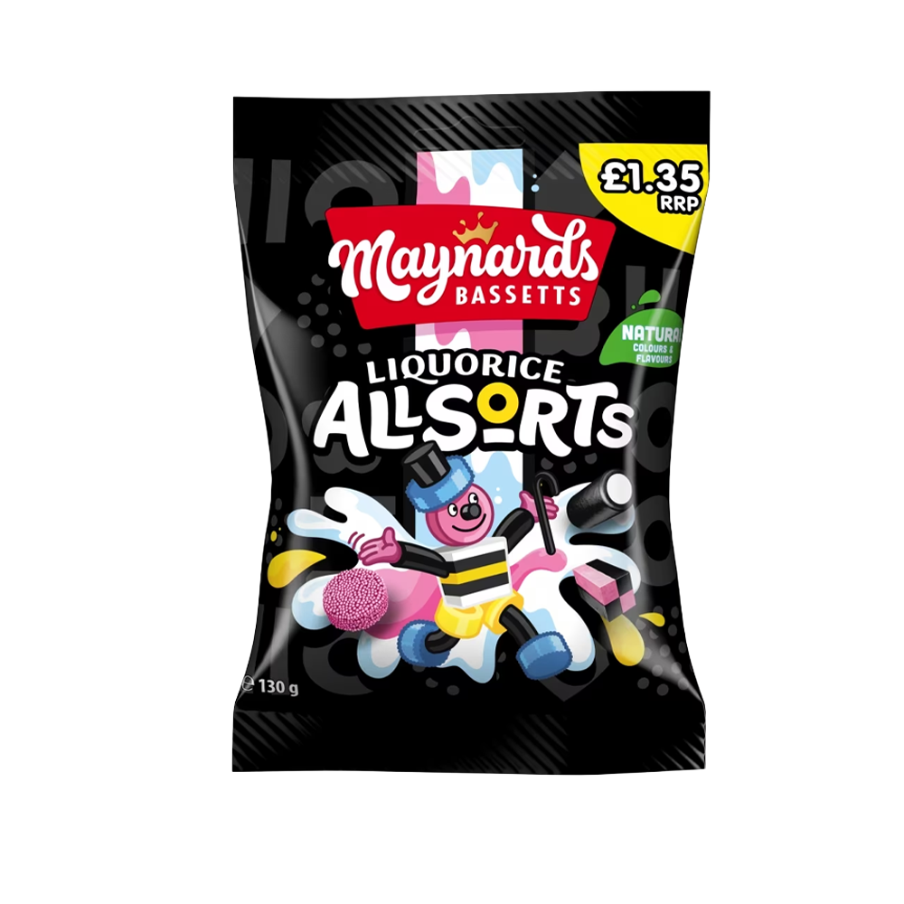 Packet of Bassetts Liquorice Allsorts, 130g, featuring assorted colourful liquorice sweets on the front.