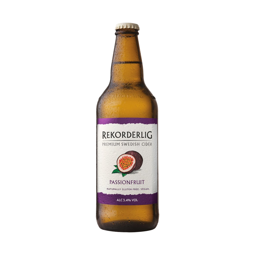 A 500ml can of Rekorderlig Passionfruit cider, featuring a white background with a passionfruit graphic and brand logo.