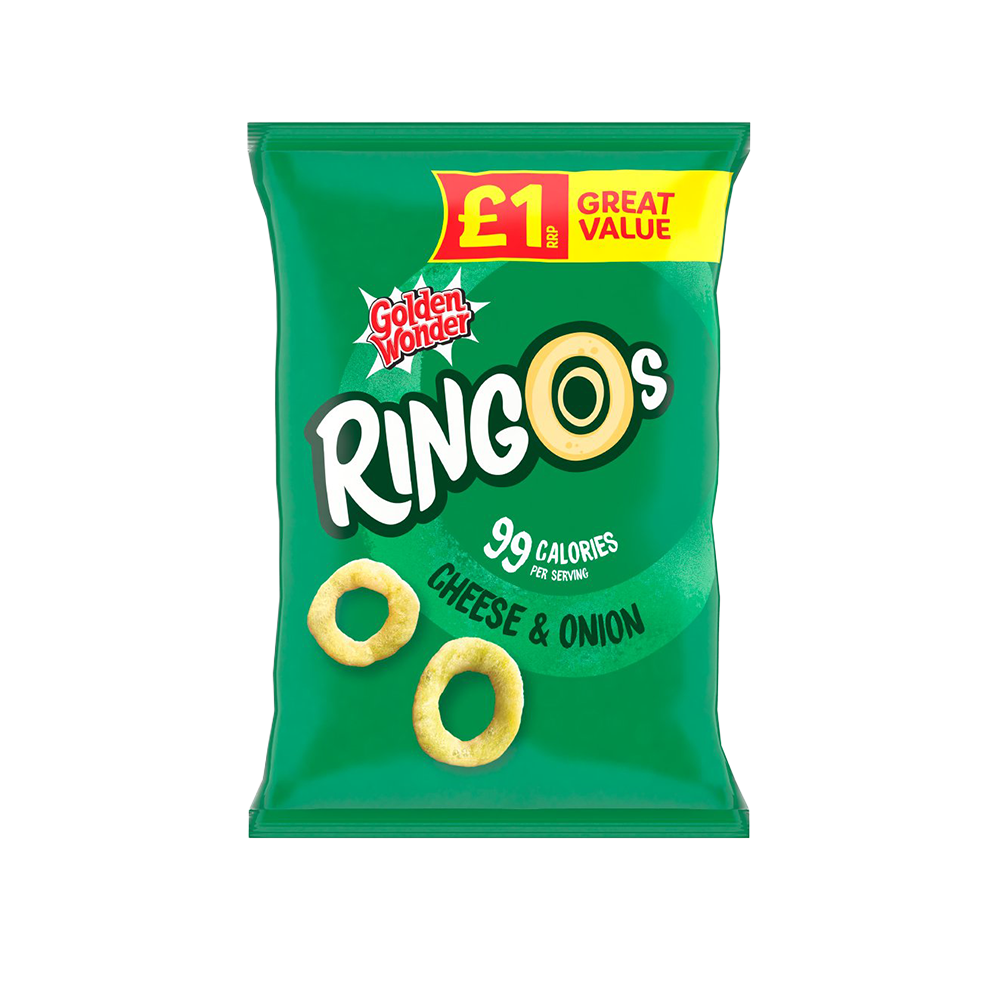 Image of a 40g packet of Ringo's Cheese & Onion flavoured potato snacks with a blue and green design on the packaging.
