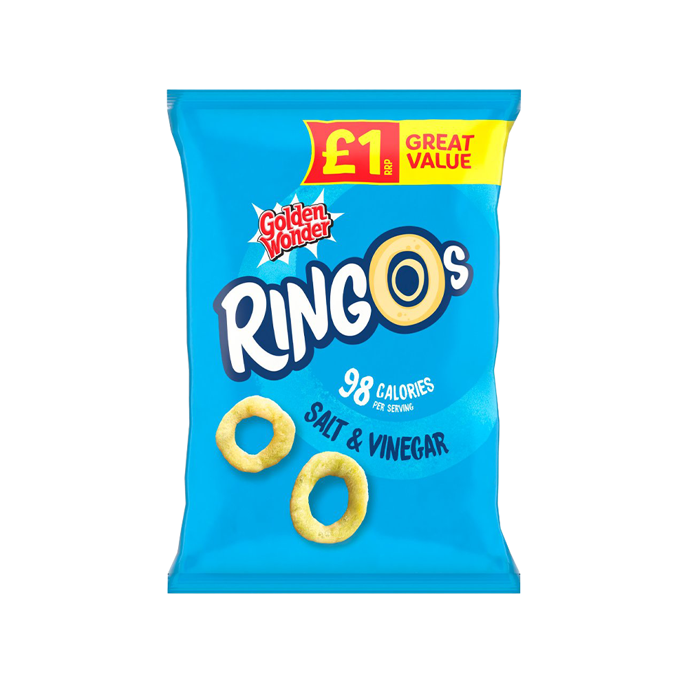 A 40g bag of Ringo's Salt & Vinegar crisps with a blue and green design, featuring images of crisps and vinegar bottles.