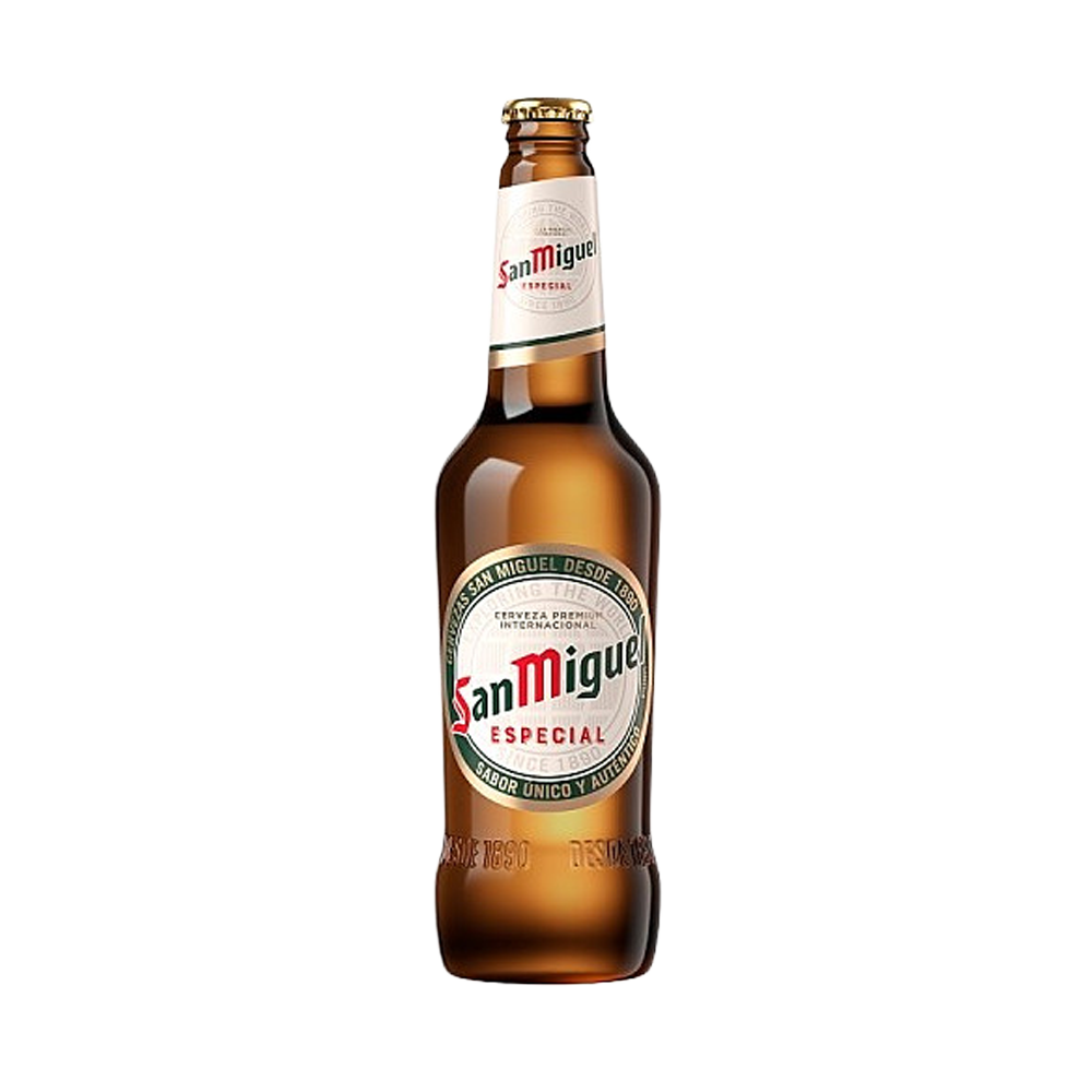 A 620ml bottle of San Miguel beer with a gold and white label, green glass, and a gold bottle cap, set against a plain background.
