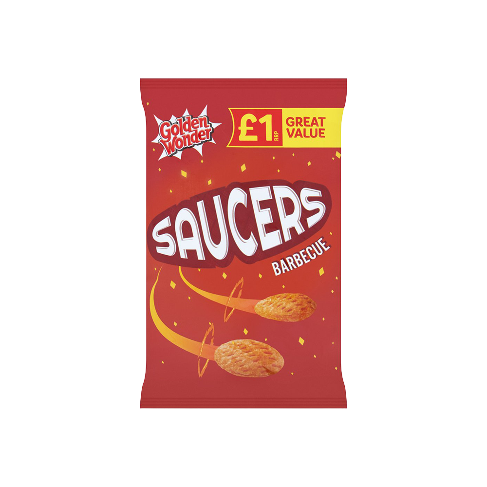 A 40g bag of Saucers BBQ flavoured crisps with a red and orange design highlighting BBQ themes on the packaging.