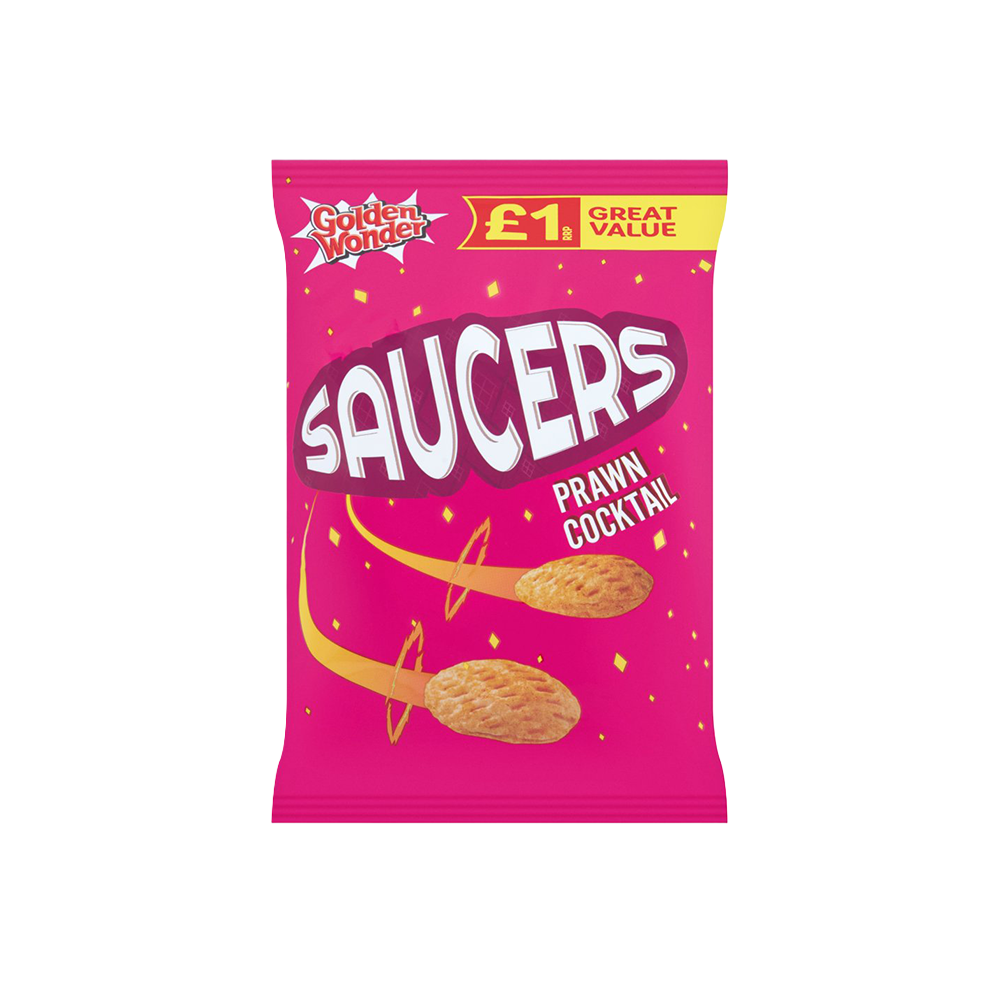 A 40g packet of Saucers Prawn Cocktail crisps with a pink and yellow design, featuring an image of prawns and crisps on the front.