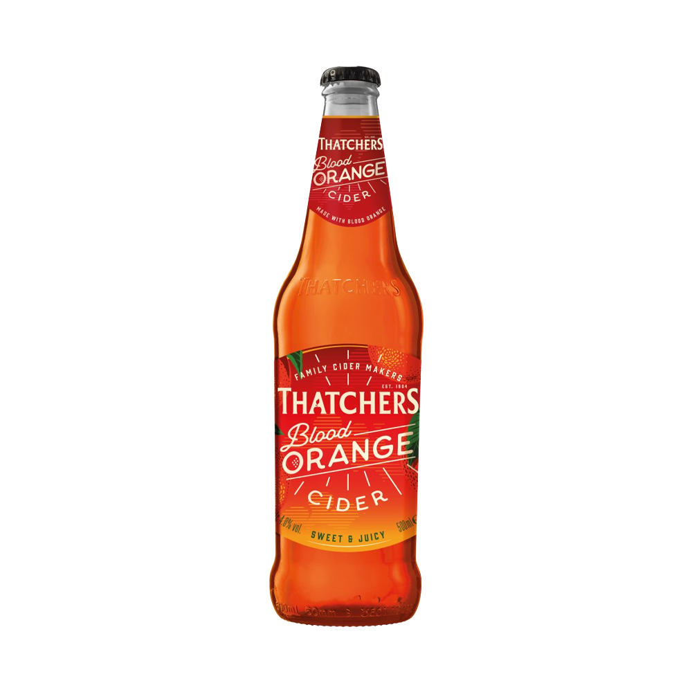 Bottle of Thatchers Blood Orange cider, 500ml, with an orange label featuring citrus graphics and a black cap, on a white background.